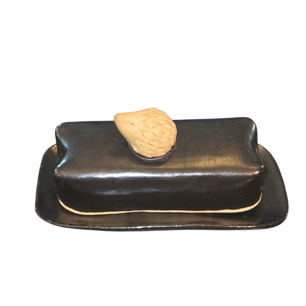 Handmade Butter Dish 8"X4"X3" Black Hedgehog Pottery Stoneware Lid Base Unsigned